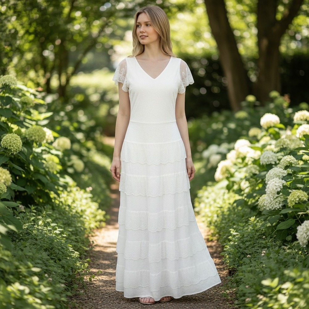 Sundance White‎ Linen Maxi Dress Embroidered Tiered Lace Trim V-Neck Size 6
